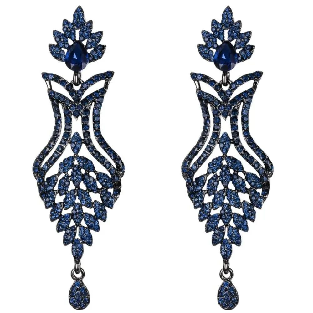 Gun Metal with Sapphire Blue Crystal Flower Vase Chandelier Post Back Earrings